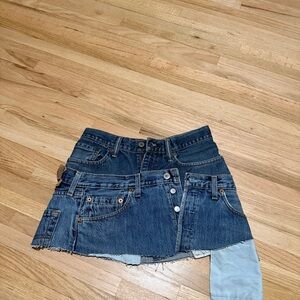 Dark Blue Denim Reworked Mini Skirt - Casual Distressed Style